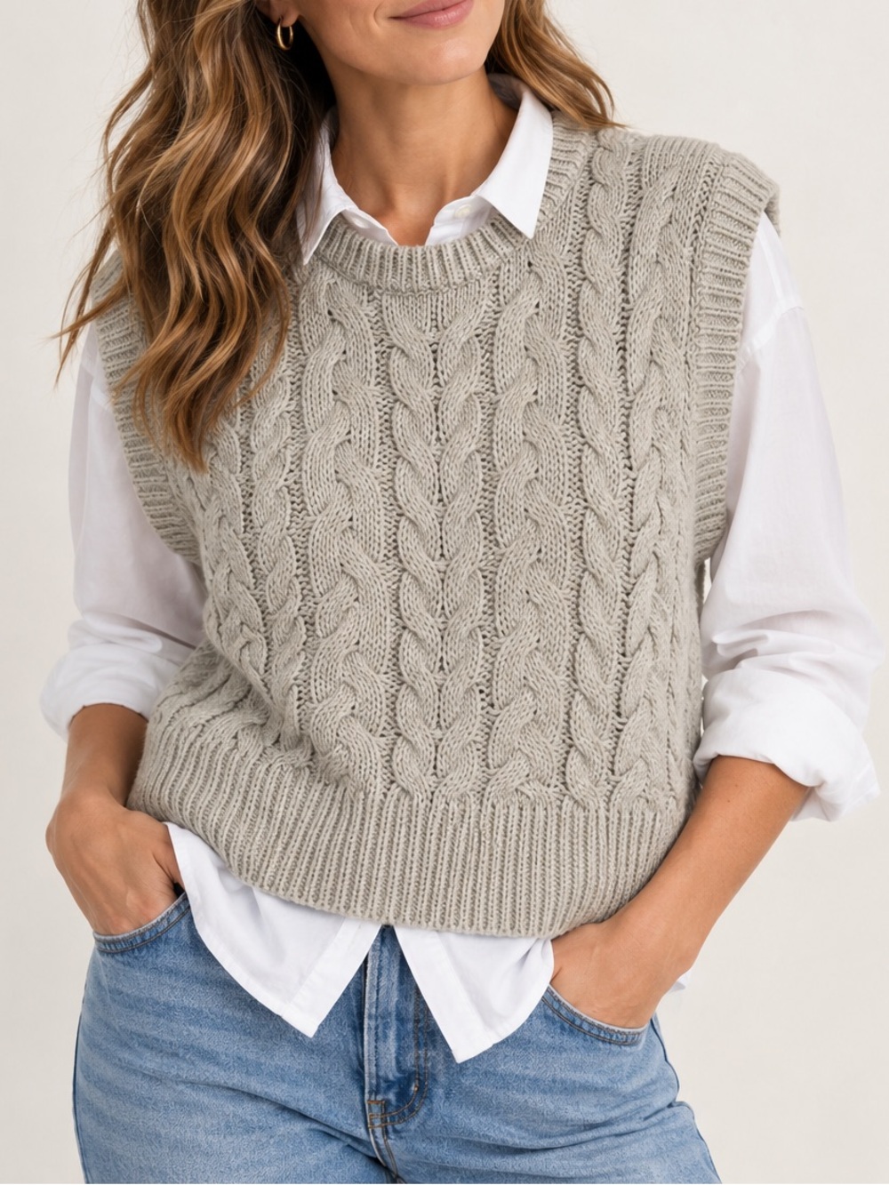 RD Style Cable Knit Sleeveless Crewneck Vest